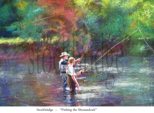 pastel fishing scene by Stockbridge